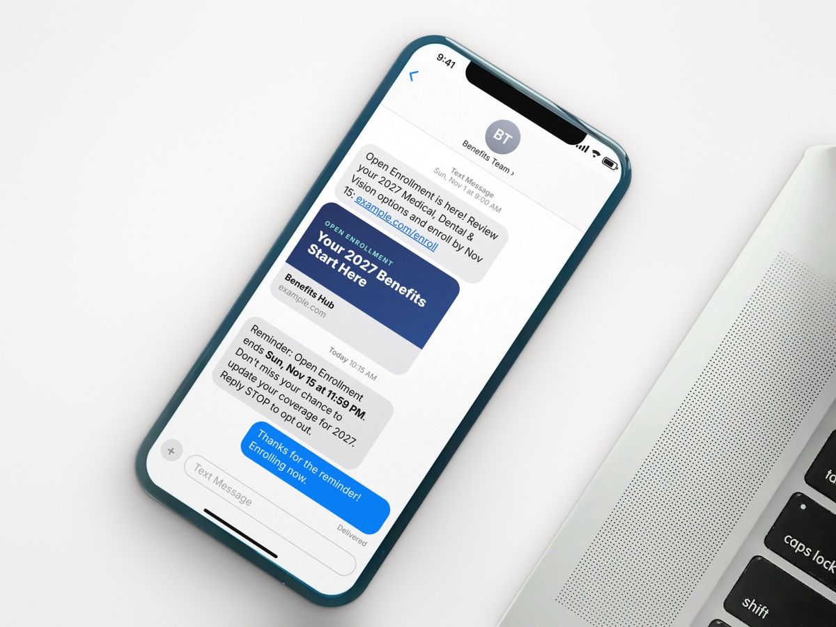 Open enrollment text message on a phone